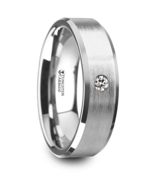 PORTER Brushed Finish Tungsten Ring with White Diamond Setting and Bev