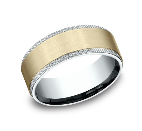 14K White and Yellow Gold Satin Finish Ring with Knurl Gold Detailed E